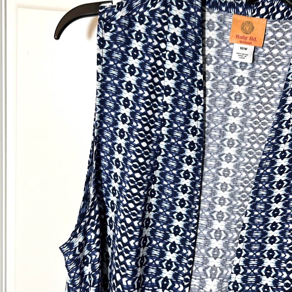 Ruby Road BOHO long vest / duster blue and white ethnic print, Women's 16W - Picture 7 of 12